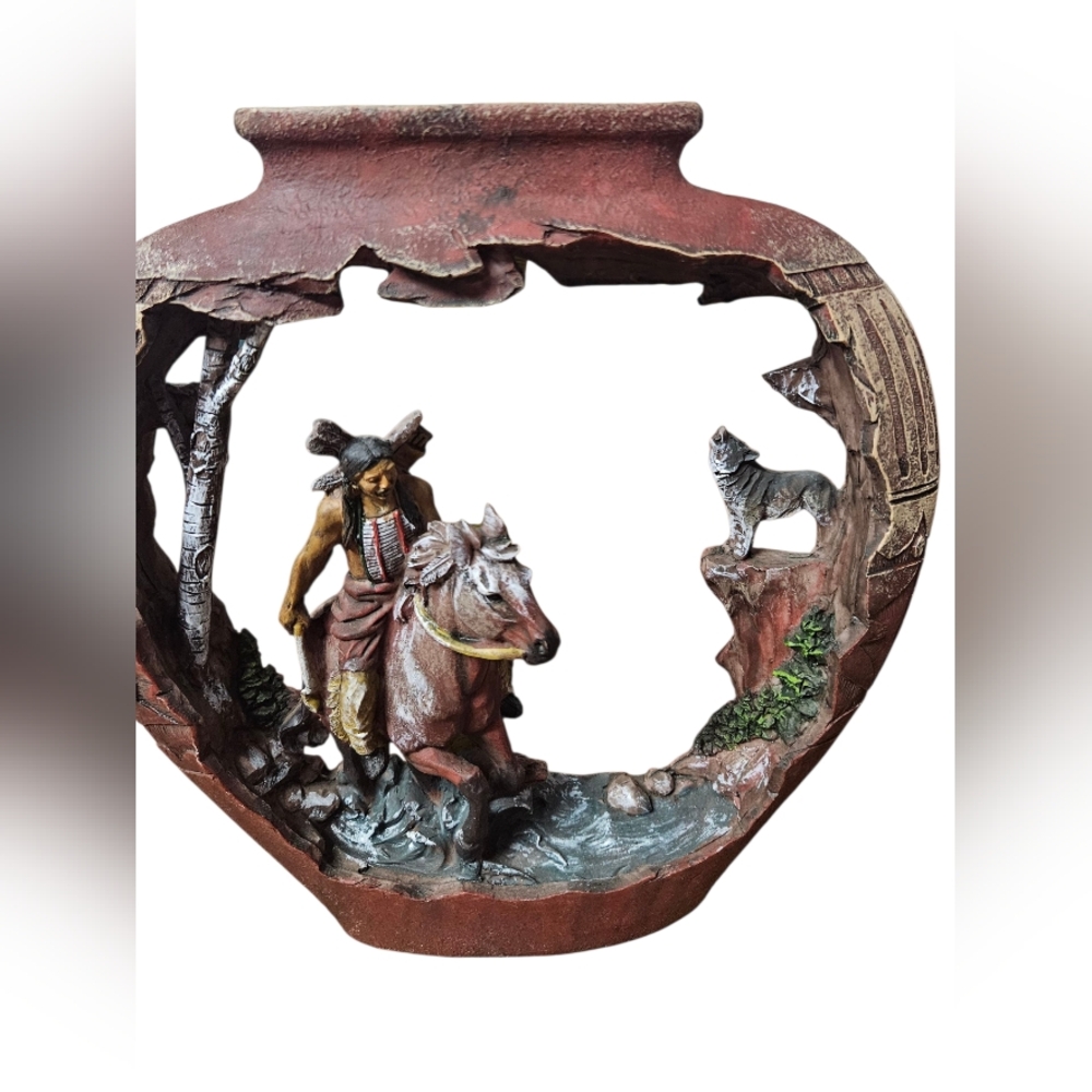 Resin Native American Indian Warrior On Horse Howling wolf sculpture Pottery 9" - Picture 6 of 11